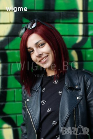 Средна дължина тъмночервена перука от ЕСТЕСТВЕН косъм Селена, снимка 2 - Аксесоари за коса - 38356215