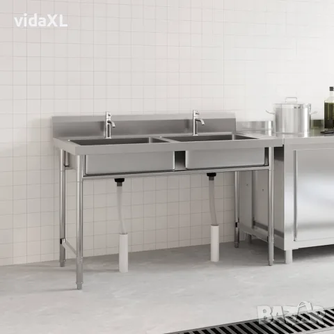 vidaXL Кухненска мивка с двойно корито, неръждаема стомана, снимка 2 - Мивки - 56146101