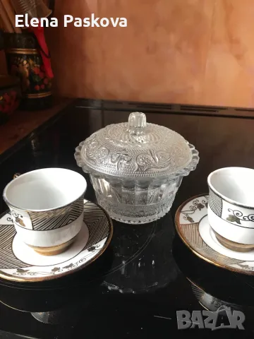 чашки Носталгия мока или турско 2 бр+ захарница гравирано стъкло