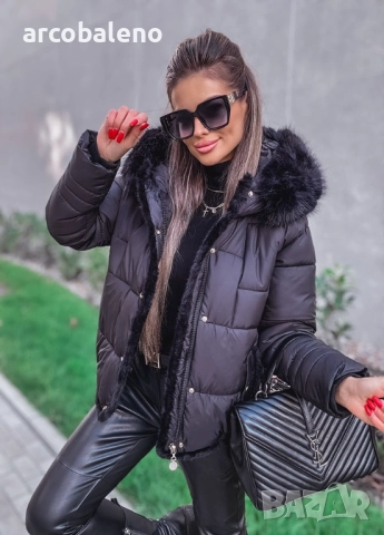 Черно дамско ватирано яке с кожа , снимка 4 - Якета - 52154523