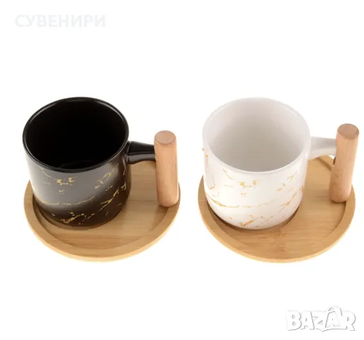 Керамичен комплект за чай от 2 части - чаша и поставка от бамбук, снимка 4 - Чаши - 48291497