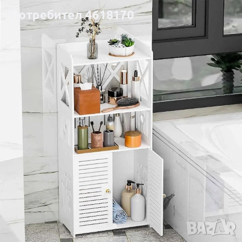 Органайзер за баня с 2 шкафчета за скрито съхранение, 3 рафта и 3 закачалки за хавлии - издържлив на