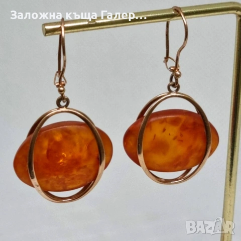 Винтидж златни обеци с кехлибар – съветско злато, проба 583, 7,41г, снимка 5 - Обеци - 54215707