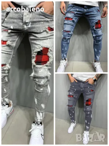 Леко еластични мъжки дънки от плътен деним от смесен памук с наклонени джобове, 3цвята