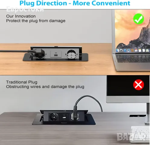 Прибиращ се настолен разклонител с 2 контакта, USB C PD 20W, алуминиев вграден контакт за плот, кухн, снимка 7 - Други - 49262620