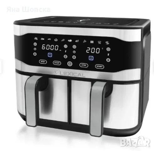 Двоен Air Fryer Lexical 9L 2100W – 2 кошници, 10 програми, тъч дисплей, снимка 5 - Уреди за готвене на пара - 55787441