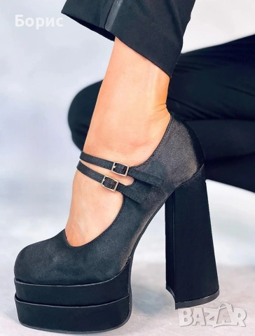 Черни сатенени обувки на платформа, снимка 2 - Дамски обувки на ток - 54031164
