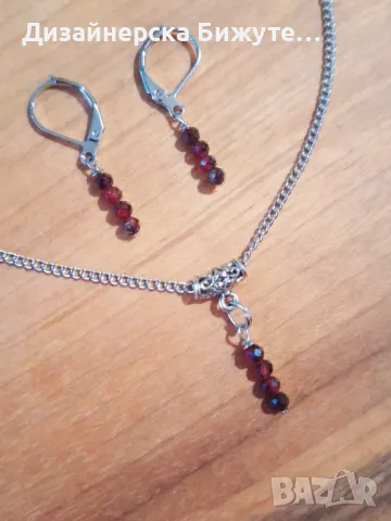 Красив и нежен комплект бижута обеци и колие с камъни Гранат и елементи в цвят сребро , снимка 7 - Бижутерийни комплекти - 49314686