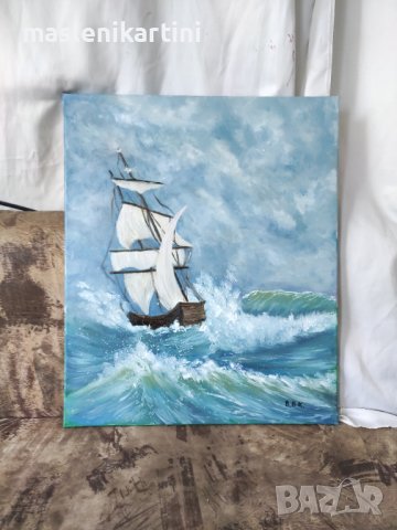 Кораб сред вълните маслена картина, снимка 3 - Картини - 38612377