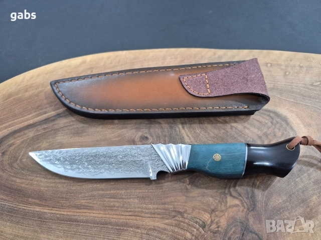 Ловен нож дамаска VG10 стомана,уникална дръжка и кожена кания,LN436, снимка 4 - Ножове - 52950791