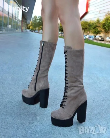 Ботуши на ток - бежов велур с черно ходило