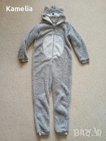 Пухкав детски зимен гащеризон тип пижама с мече качулка, дете 12-14г.