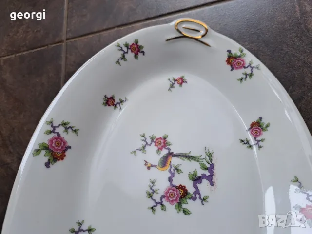 порцеланово елипсовидно плато с цветя и райски птици Limoges 8/2, снимка 5 - Сервизи - 49939150