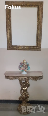 Страхотен бароков комплект дървена конзолна масичка с рамка, снимка 2 - Антикварни и старинни предмети - 50989458