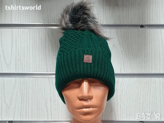 Нова зимна дамска шапка SilverStar в зелен цвят с пух/помпон, снимка 6 - Шапки - 47927812