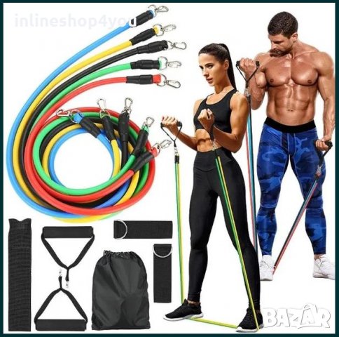 Ластици за тренировки 11 части- латекс + карабинери 52.5кг натоварване, снимка 1