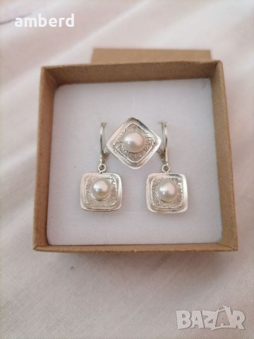 Сребърен комплект - пръстен и обици с перли, снимка 4 - Бижутерийни комплекти - 37759889