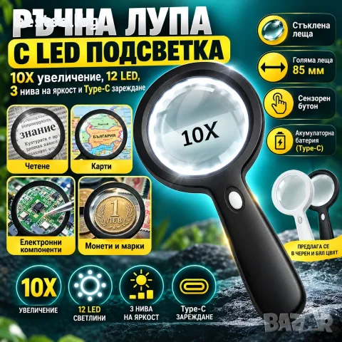 Ръчна лупа 10X с 12 LED, 3 нива и Type-C зареждане