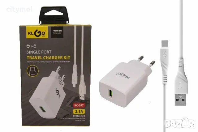 Зарядно адаптер  + DATA кабел TYPE C, KLGO - KC-09T, снимка 2 - Оригинални зарядни - 50202582