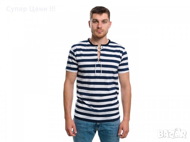 Нова мъжка моряшка тениска с връзки на тъмносиньо/бяло райе, снимка 7 - Тениски - 27950602