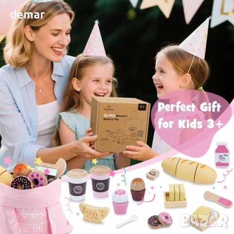 Дървен комплект играчки с храна за пекарна, 23 части, аксесоари за игра в кухнята, снимка 8 - Образователни игри - 54028771