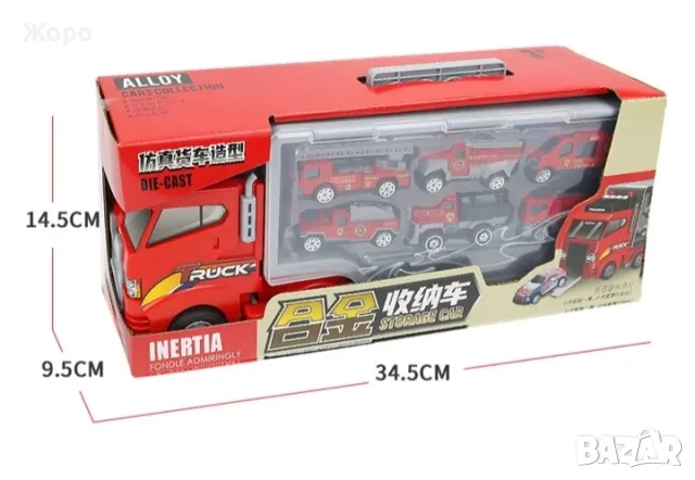 Пожарникарски камион автовоз с 6 метални пожарникарски коли КН2793, снимка 2 - Коли, камиони, мотори, писти - 48029024