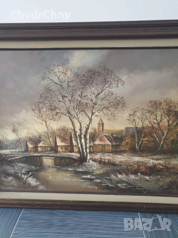120х90см/стара голяма картина масло върху платно/пейзаж/село-река-мост/дървена рамка, снимка 2 - Картини - 51131255