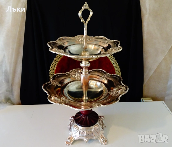 Посребрен поднос,плато на два етажа 47 см., 1.9 кг.,рози,барок. , снимка 14 - Антикварни и старинни предмети - 51826703
