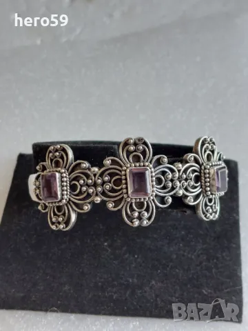 Сребърна гривна,тип рогатка с инкрустирани аметисти сребро 925, снимка 11 - Колиета, медальони, синджири - 47999184