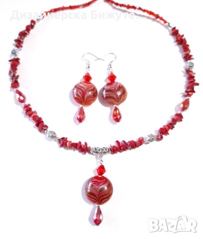 Прекрасен комплект бижута обеци и колие с червени Корали, кристали и ръчно изработени Мурано мъниста, снимка 7 - Бижутерийни комплекти - 42923968