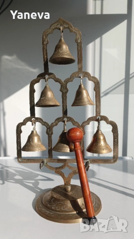 Vintage, месингов , настолен гонг „ дърво на живота “ с камбани и дървена палка ,чукче. , снимка 4 - Декорация за дома - 53977495
