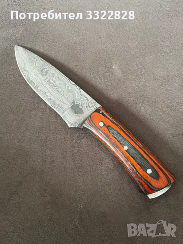 Ловен нож от Дамаска стомана дръжка дърво кожена кания, снимка 2 - Ножове - 44746180