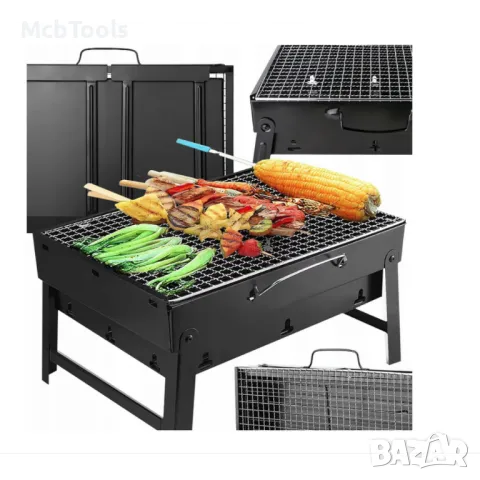 Скара на дървени въглища, BBQ 35x26x20cm, Черна сгъваема преносима, снимка 6 - Барбекюта - 47858937