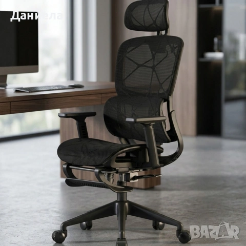 Ергономичен черен офис стол с 3D лумбална опора и наклон 145° 