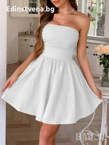 Дамска елегантна бяла къса рокля без презрамки, с голяма панделка на гърба, снимка 2 - Рокли - 50820049
