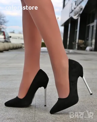 Обувки на ток - черен велур със сребрист ток - 6060, снимка 2 - Дамски обувки на ток - 49392898