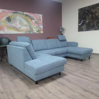 Син ъглов П образен диван от плат LS404520, снимка 10 - Дивани и мека мебел - 44701953