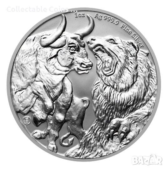 сребърна монета 1 оз 1 oz бик и мечка, снимка 1