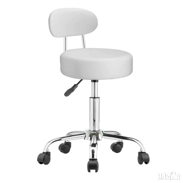 Козметична табуретка с облегалка - Бяла медицинска табуретка с колелца, снимка 1