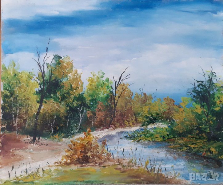 ПРОДАВАМ СТАРА БЪЛГАРСКА МАСЛЕНА КАРТИНА - ЕСЕНЕН ПЕИЗАЖ, снимка 1