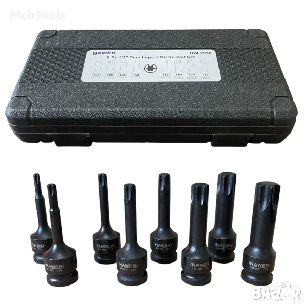 Комплект ударни торкс битове 1/2″ – 8 части HAWEK, снимка 1