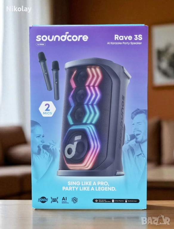 Anker SoundCore Rave 3S безжична тонколона/200W/Karaoke AI/IXP4/12 часа/Черен цвят, снимка 1