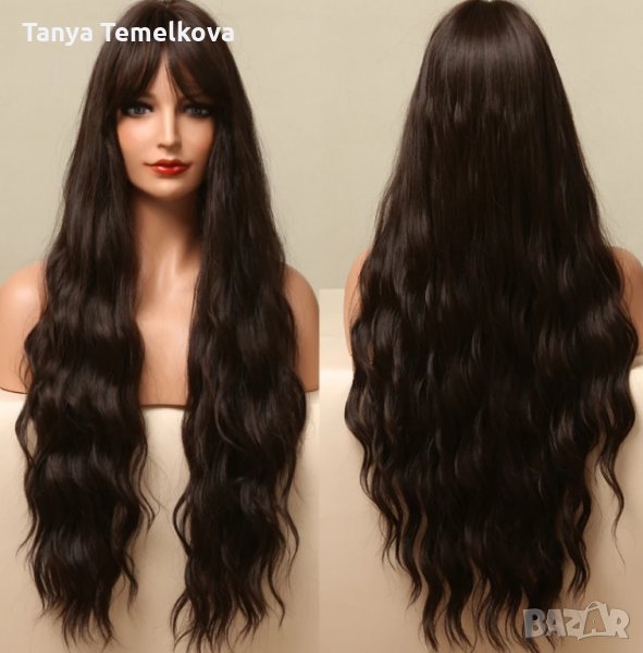 Дълга на вълни тъмно кафява перука с бретон, снимка 1