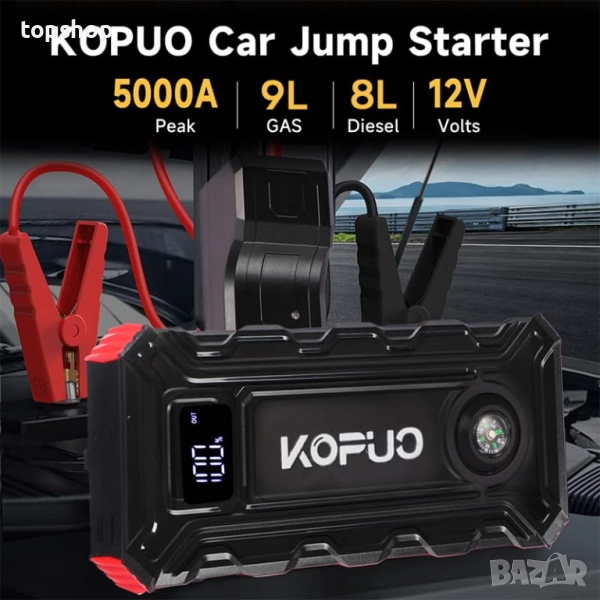 Чисто нов джъмп стартер, преносима стартерна батерия KOPUO 5000A (2.38 галона бензин/2.11 дизел..., снимка 1