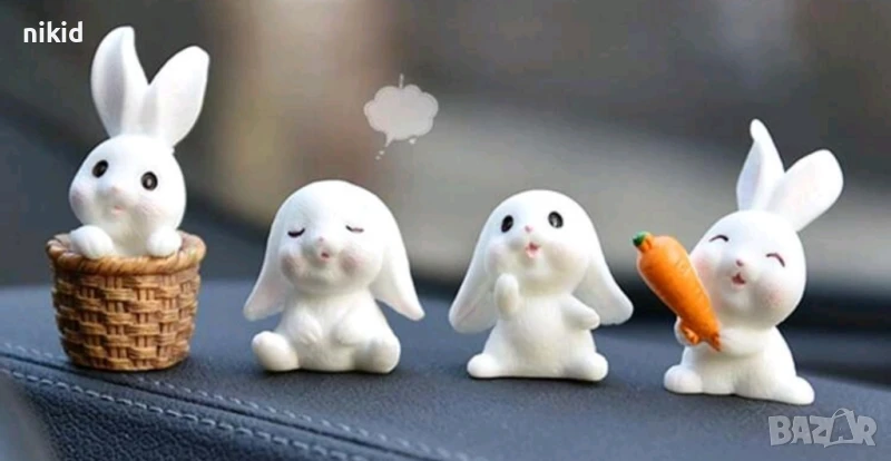 4 бр зайче зайчета заек в кошница морков пластмасови PVC фигурки топер за игра и украса торта макети, снимка 1