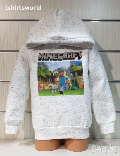 Нов детски суичър в цвят бял меланж с дигитален печат MINECRAFT, снимка 1