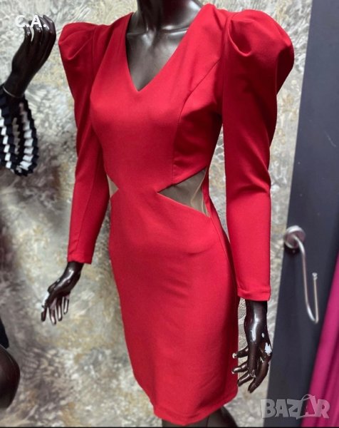 Червена рокля с буфан ръкави, снимка 1