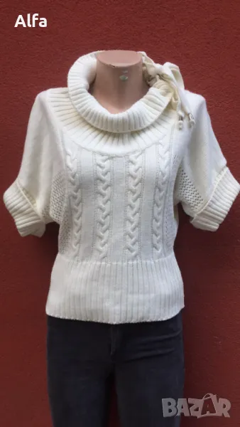 уникален бял пуловер с къс ръкав, снимка 1