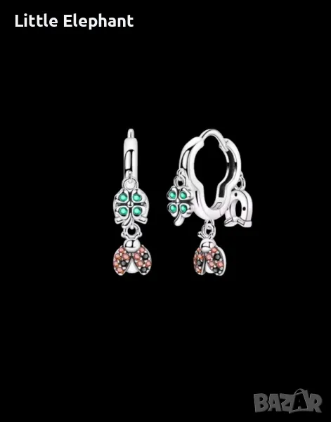 Сребърни висящи обеци халки triple luck lady bug,clover,horse shoe ,колекция"Luck"/нови, снимка 1