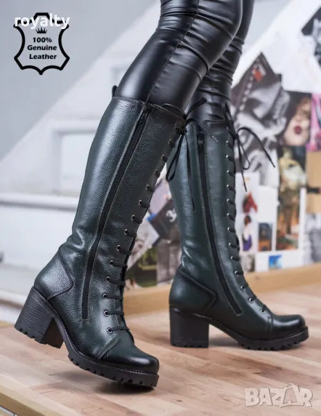 Равни ботуши - зелена ЕСТЕСТВЕНА кожа, снимка 1